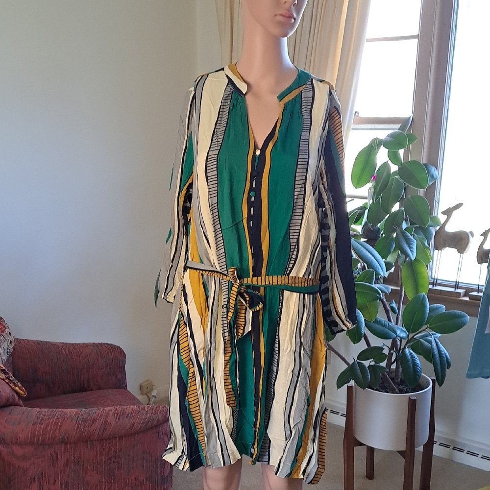 Umgee Striped Button-Front Belted Shirt Dress - Green, Yellow, Black, White